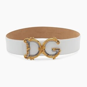 DOLCE & GABBANA Baroque Logo Leather Belt In White Calf Leather